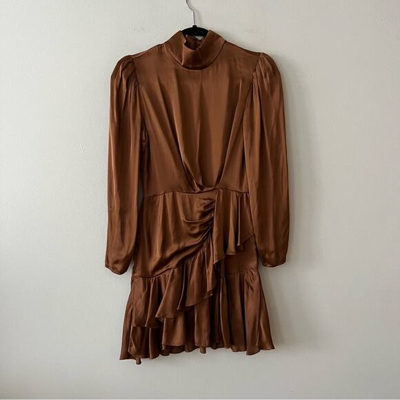 IRO Osiam Satin Ruffle Mini Dress in Camel - Picture 3 of 10